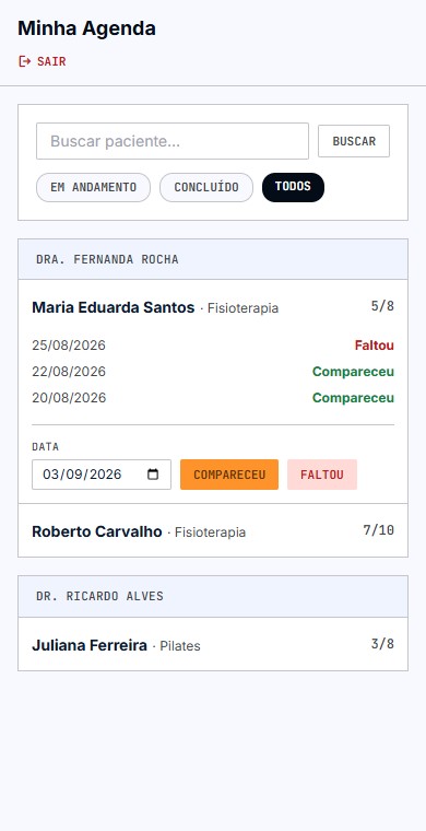 Tela Minha Agenda da Olivia, mostrando pacientes agrupados por profissional com histórico de sessões