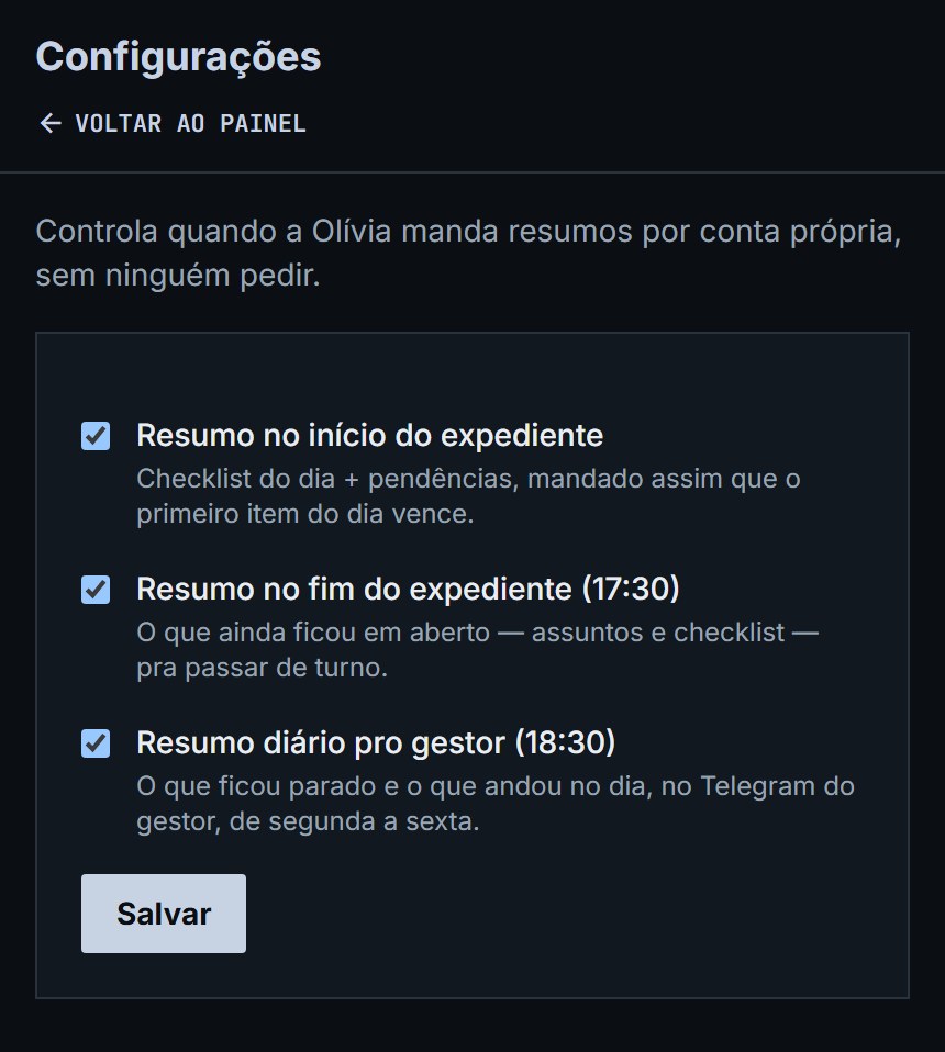 Tela de configurações da Olivia com os três avisos que o gestor liga ou desliga: resumo no início do expediente, resumo no fim do expediente e resumo diário pro gestor às 18:30