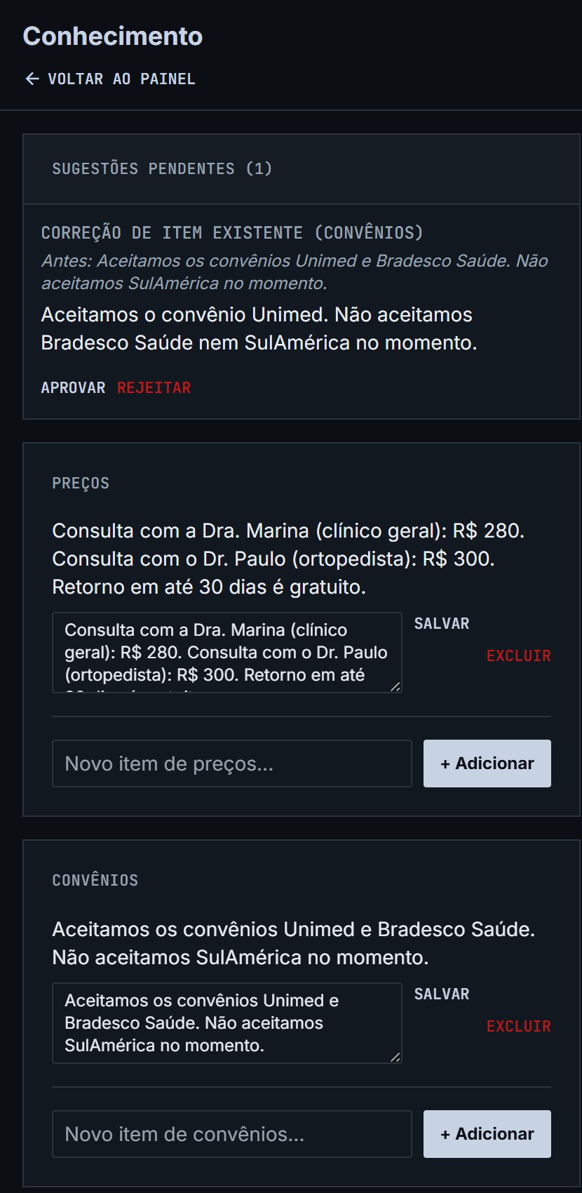 Tela real de Conhecimento da Olivia, com uma sugestão pendente mostrando o texto antes e depois e os botões Aprovar e Rejeitar, seguida dos itens de preços e convênios editáveis