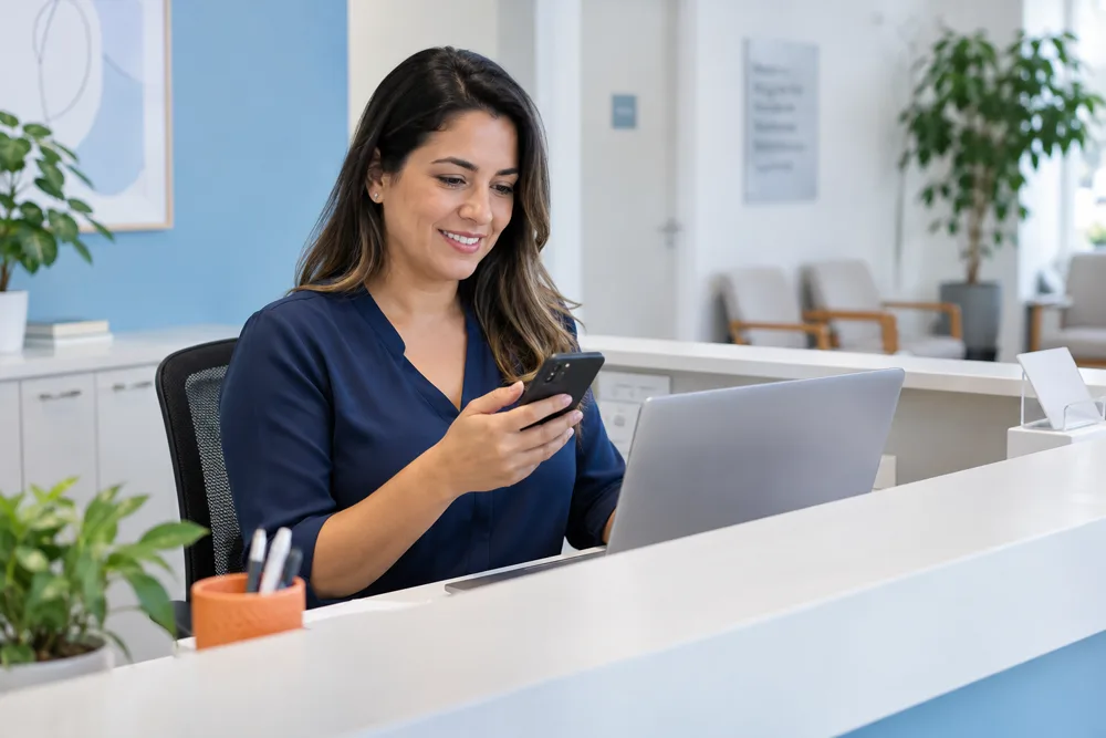 Profissional na recepção de uma clínica, usando o celular ao lado do computador