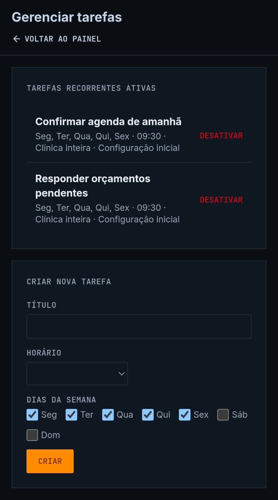Tela de gerenciar tarefas da Olivia, mostrando tarefas recorrentes ativas e o formulário de criar uma nova